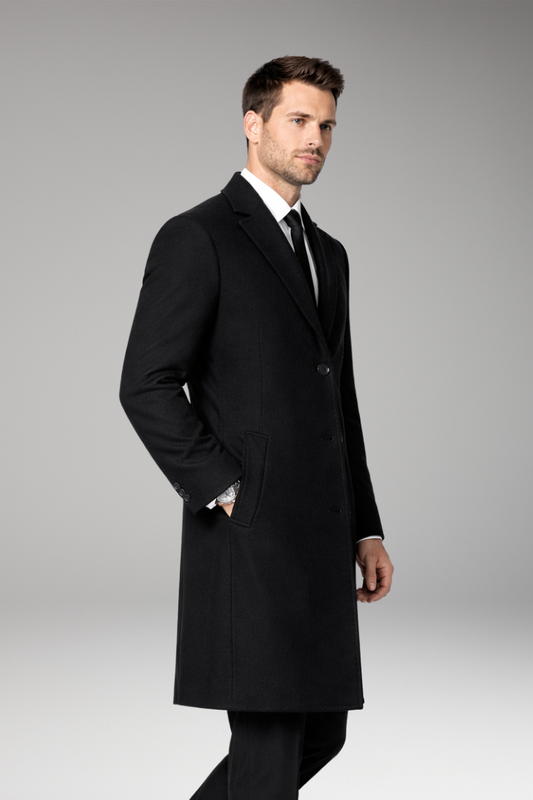 Men’s Long Coat with Notched Collar and Side Pockets