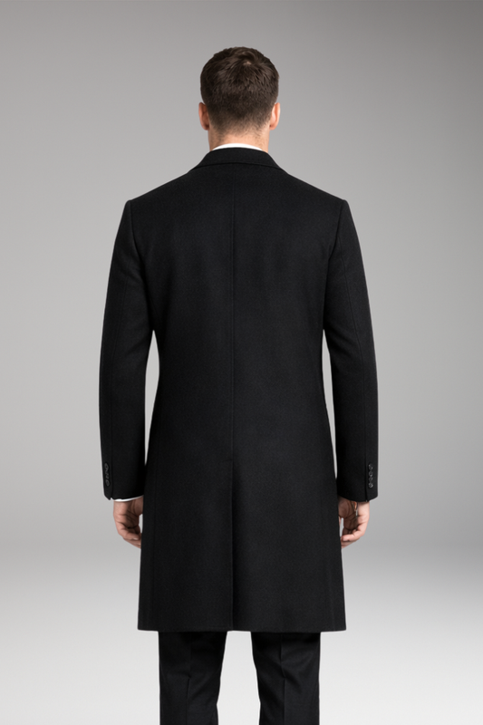 Men’s Long Coat with Notched Collar and Side Pockets