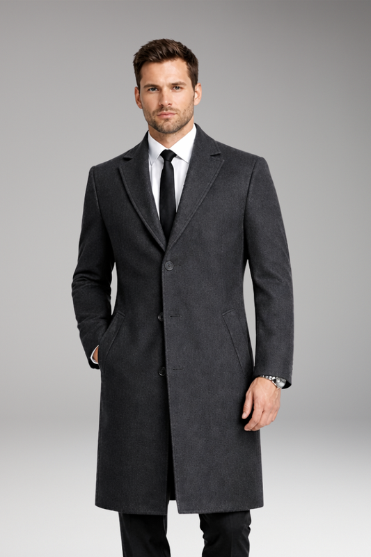 Men’s Long Coat with Notched Collar and Side Pockets