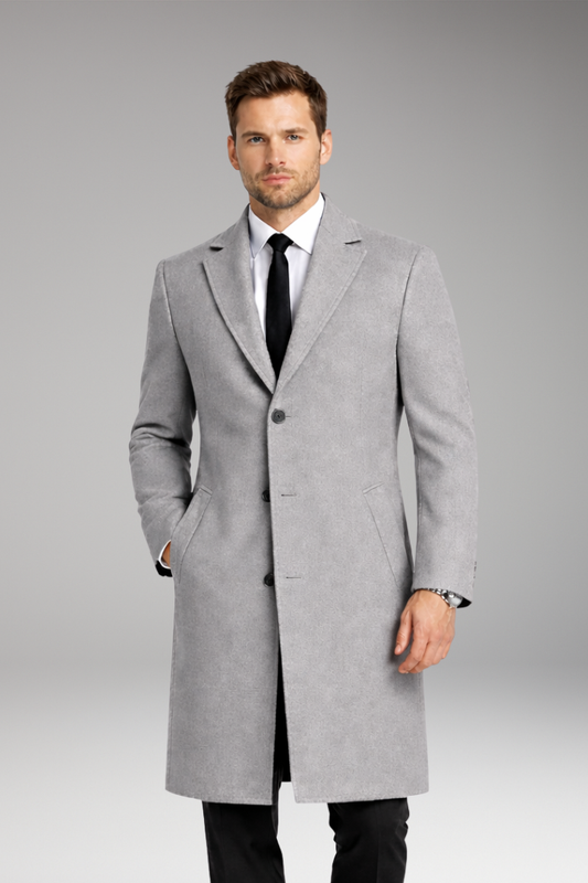 Men’s Long Coat with Notched Collar and Side Pockets