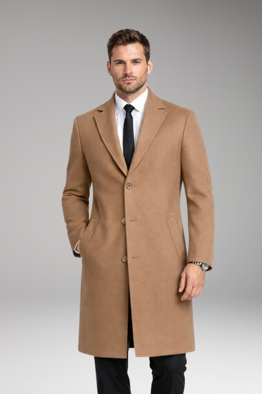 Men’s Long Coat with Notched Collar and Side Pockets