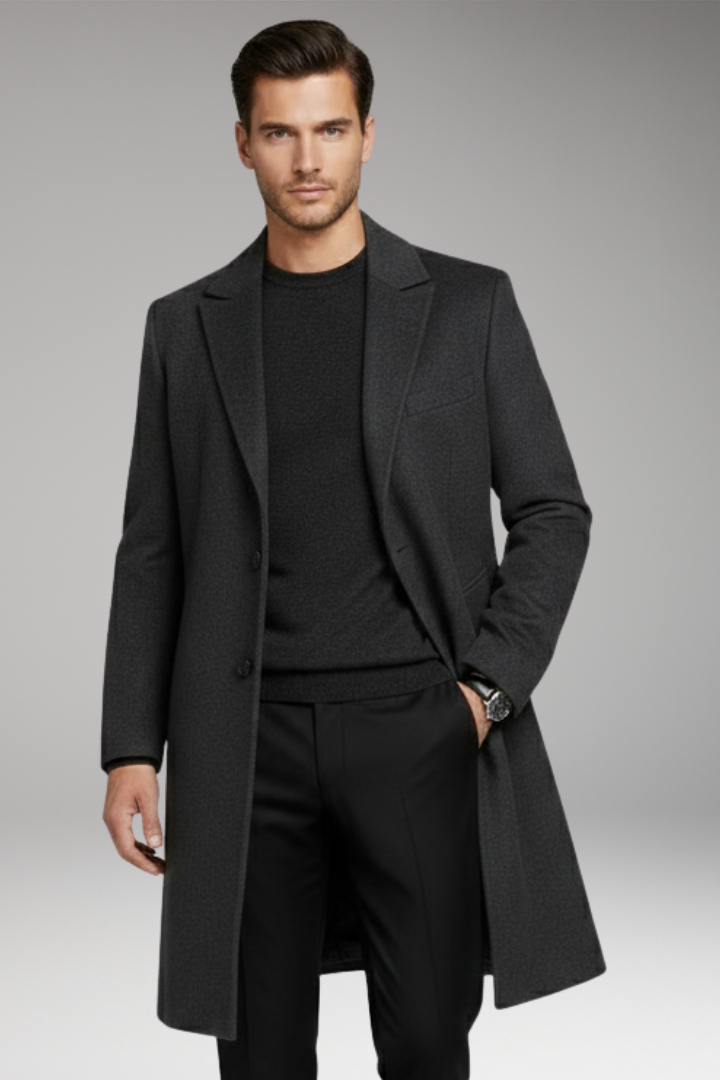 Men’s Long Coat with Notched Lapel and Seam Pockets