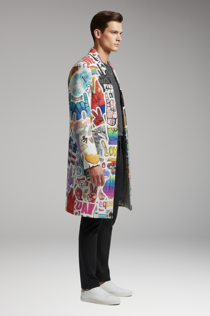 Men's Long Coat with Open Front and Printed Surface