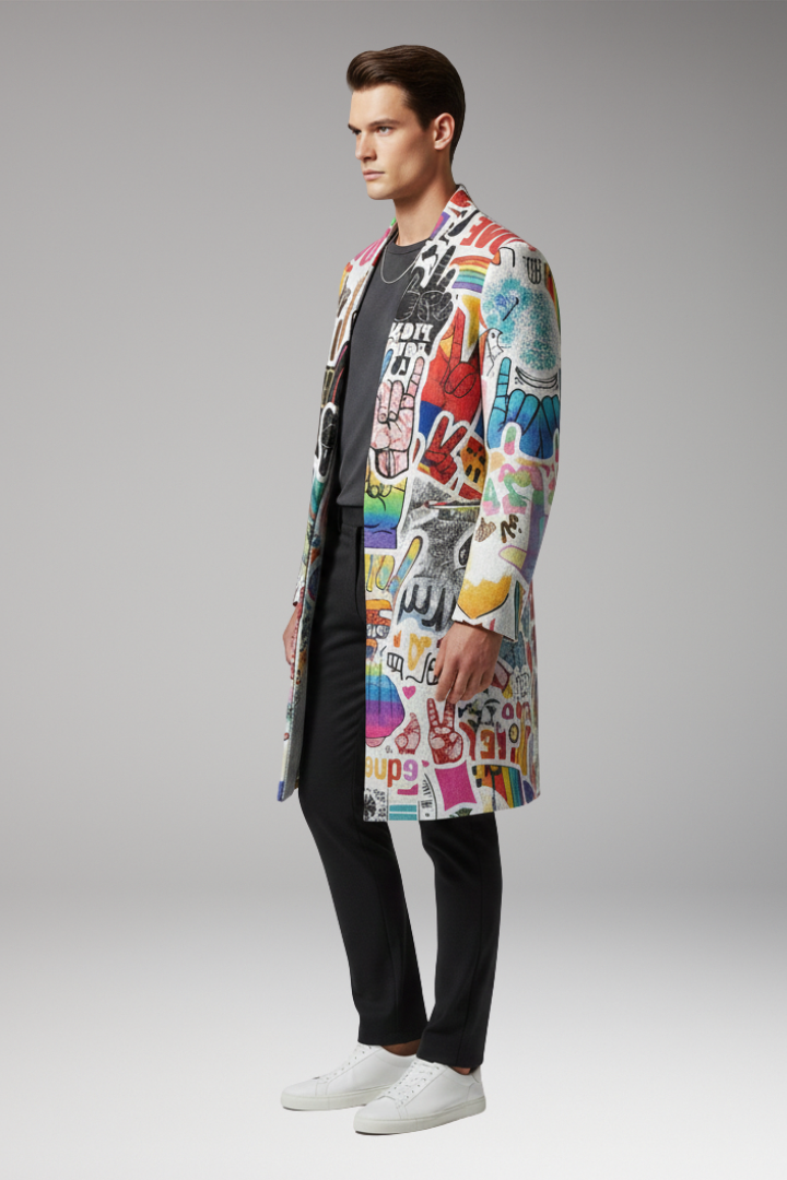 Men's Long Coat with Open Front and Printed Surface