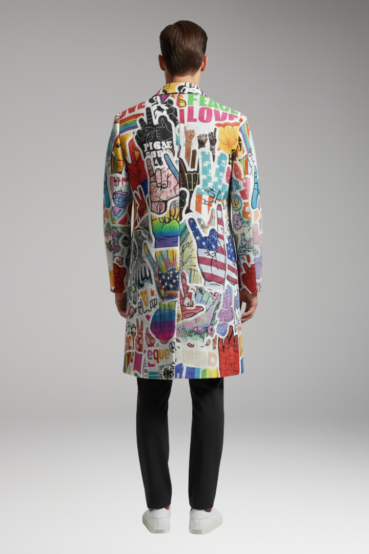 Men's Long Coat with Open Front and Printed Surface