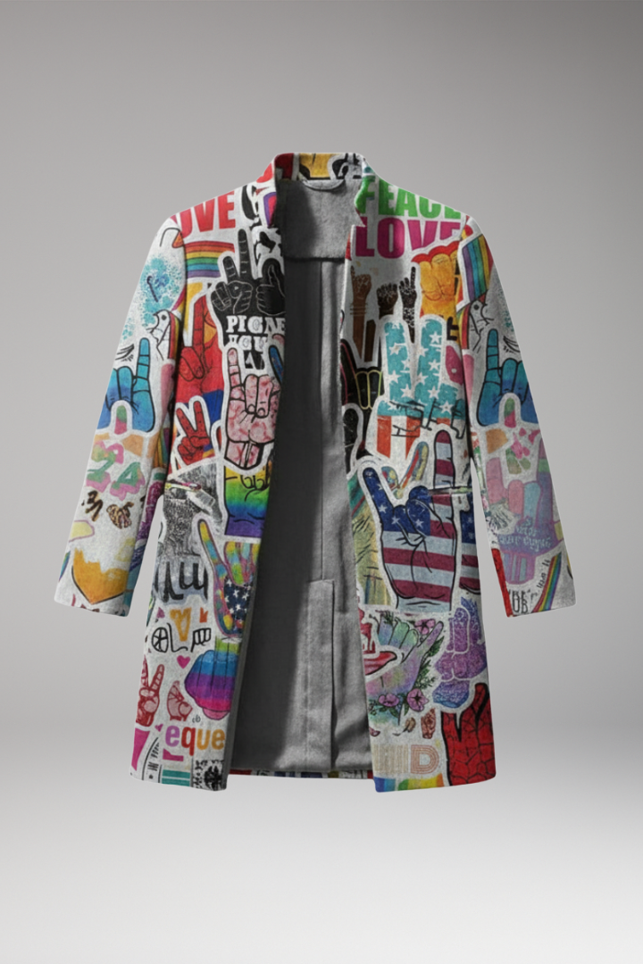 Men's Long Coat with Open Front and Printed Surface