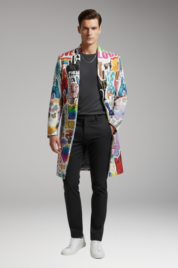 Men's Long Coat with Open Front and Printed Surface