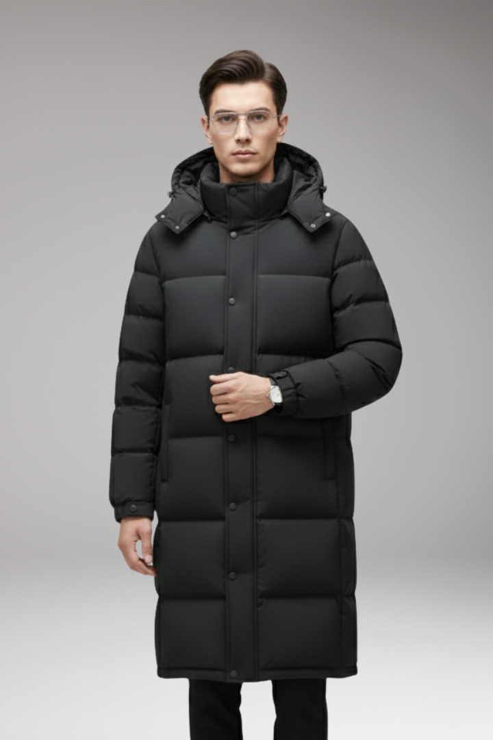 Men’s Long Jacket with Hood and Quilted Surface