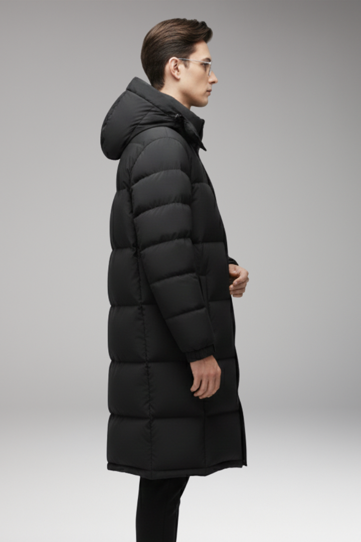 Men’s Long Jacket with Hood and Quilted Surface