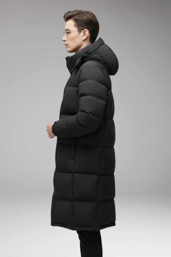 Men’s Long Jacket with Hood and Quilted Surface