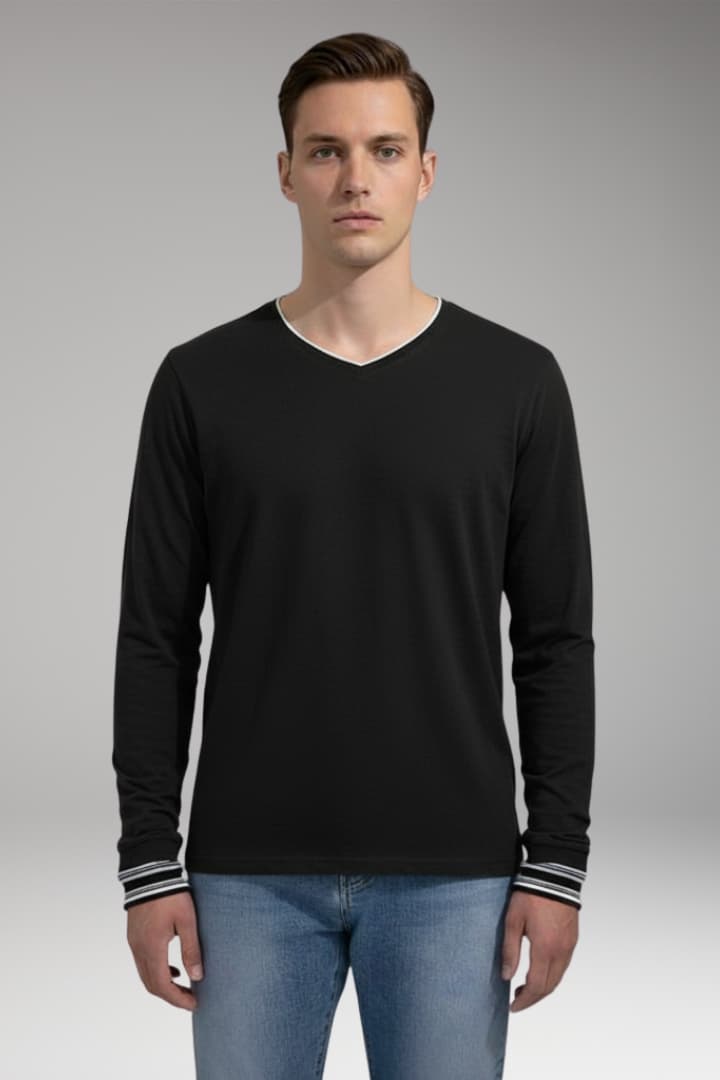 Men’s Long Sleeve Shirt with V-Neck and Contrast Trim