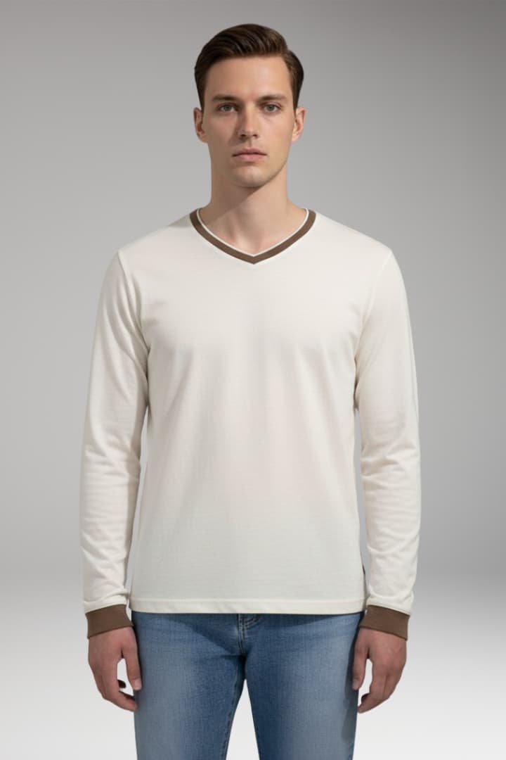 Men’s Long Sleeve Shirt with V-Neck and Contrast Trim