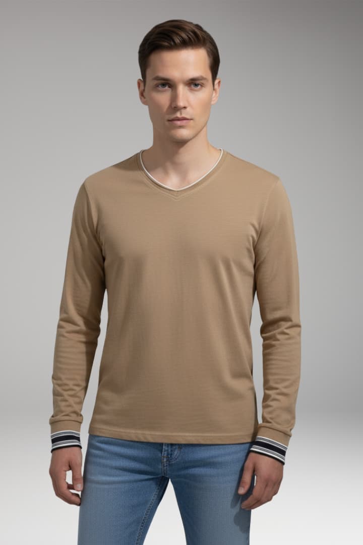 Men’s Long Sleeve Shirt with V-Neck and Contrast Trim