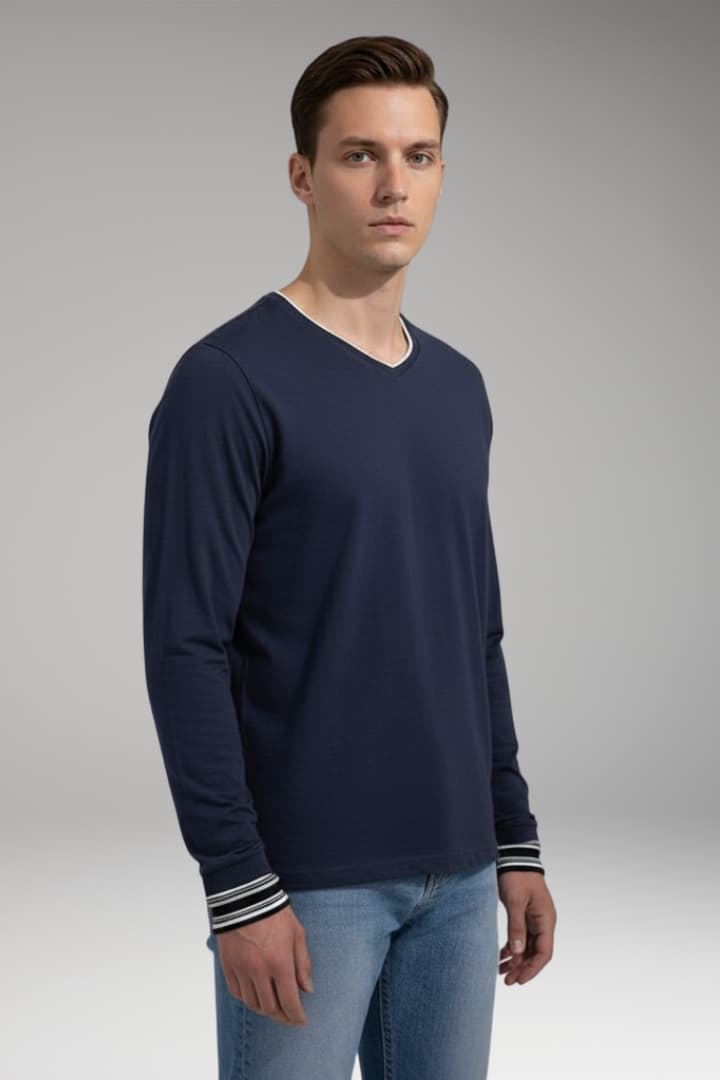 Men’s Long Sleeve Shirt with V-Neck and Contrast Trim