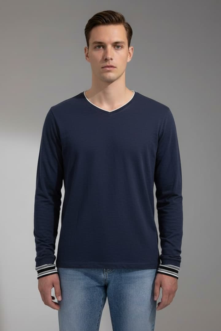 Men’s Long Sleeve Shirt with V-Neck and Contrast Trim