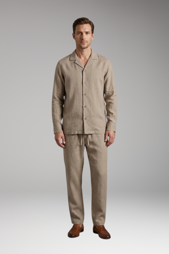 Men's Loungewear Set with Button-Down Shirt and Relaxed Fit Trousers