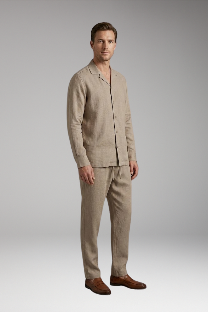 Men's Loungewear Set with Button-Down Shirt and Relaxed Fit Trousers