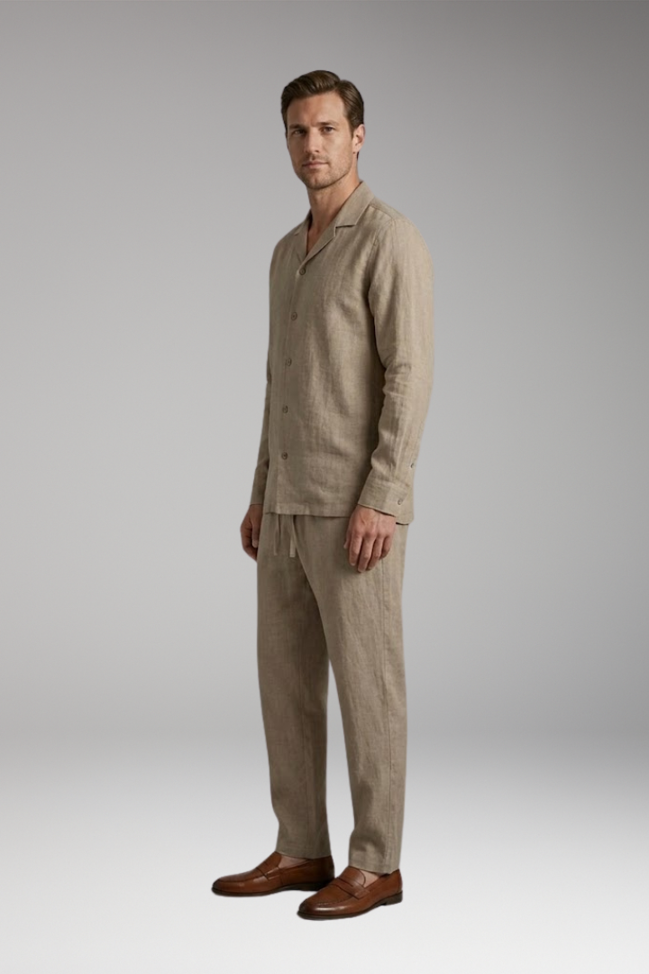 Men's Loungewear Set with Button-Down Shirt and Relaxed Fit Trousers