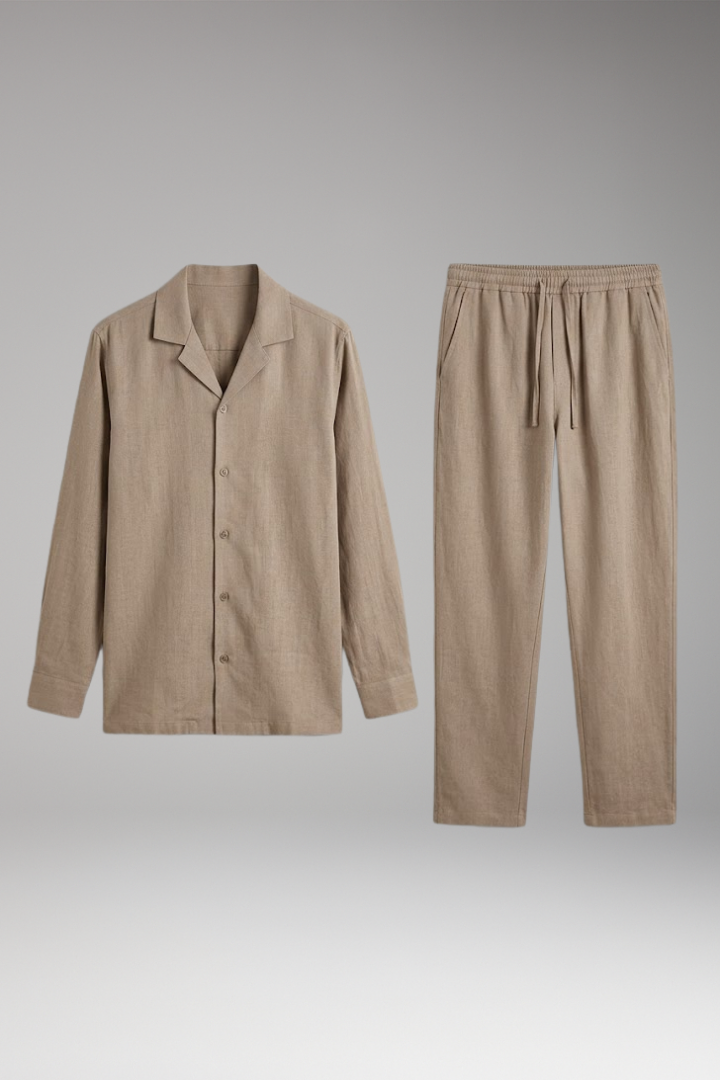 Men's Loungewear Set with Button-Down Shirt and Relaxed Fit Trousers