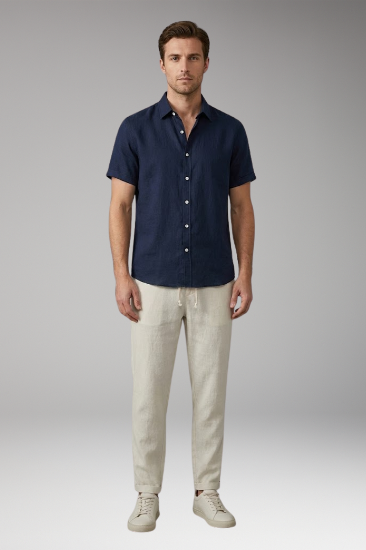 Men's Pajama Set with Button-Down Shirt and Drawstring Waistband