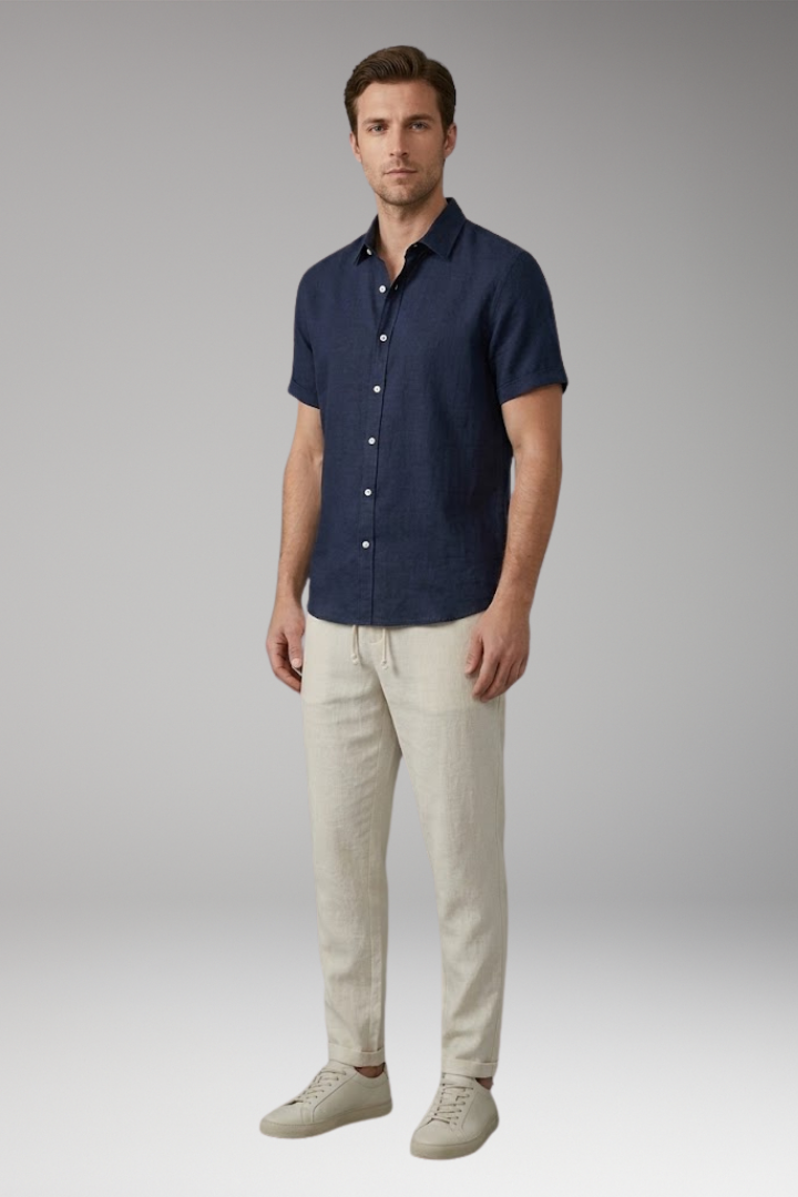 Men's Pajama Set with Button-Down Shirt and Drawstring Waistband