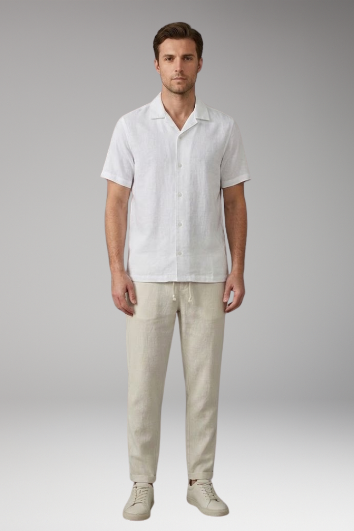 Men's Pajama Set with Button-Down Shirt and Drawstring Waistband