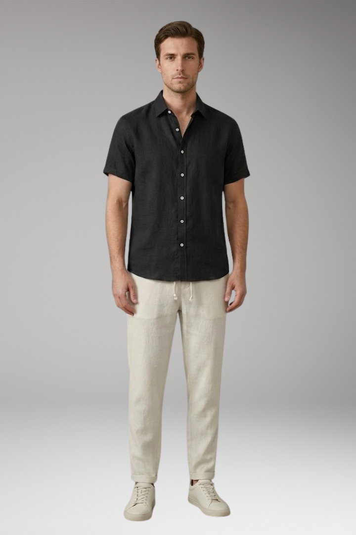 Men's Pajama Set with Button-Down Shirt and Drawstring Waistband