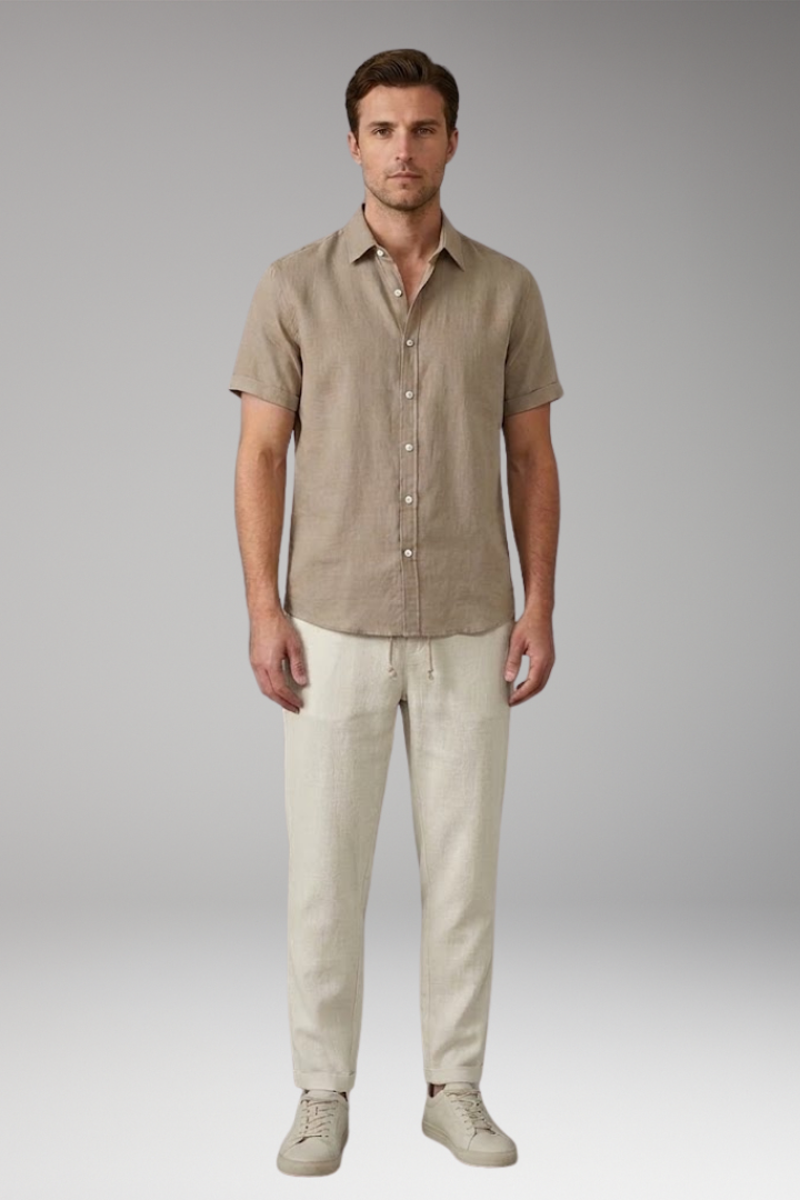 Men's Pajama Set with Button-Down Shirt and Drawstring Waistband