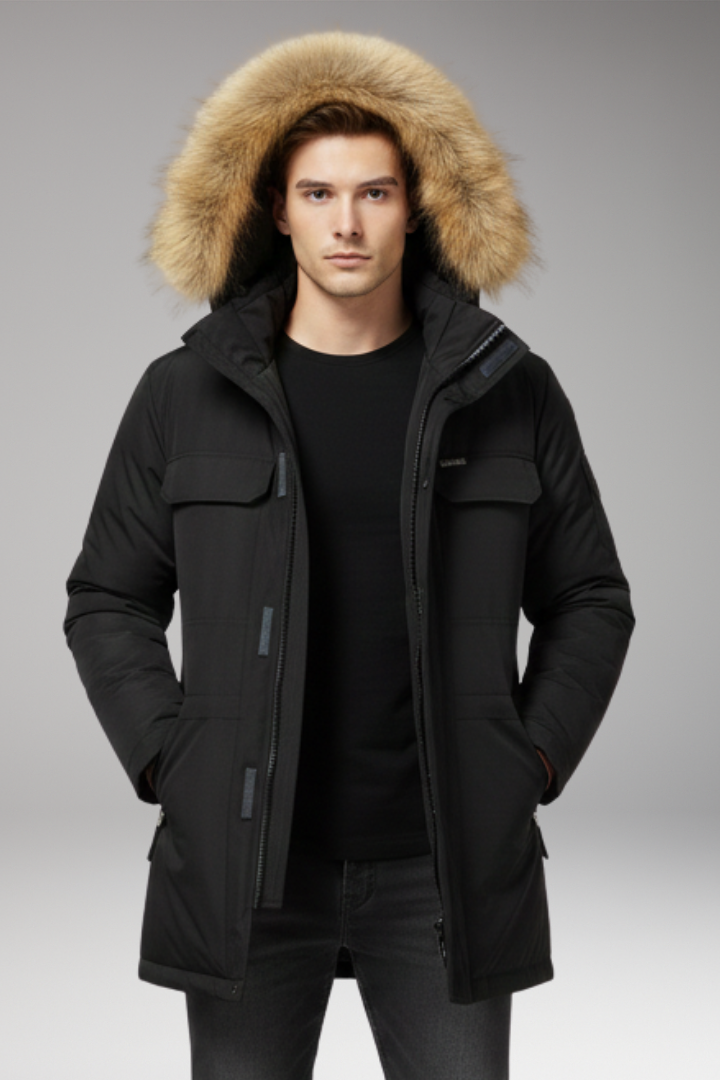 Men’s Parka with Hood and Front Zip Closure
