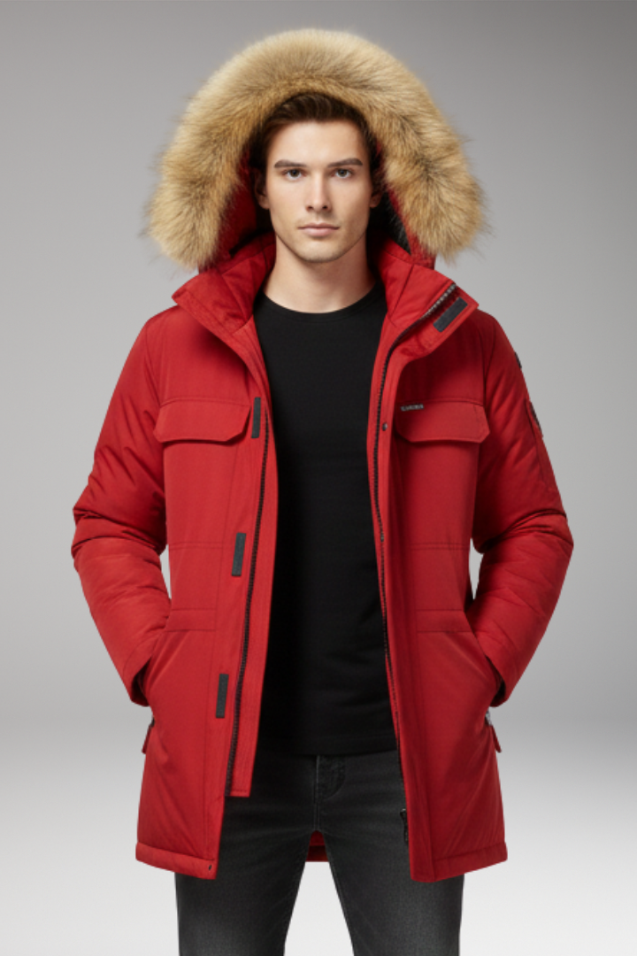 Men’s Parka with Hood and Front Zip Closure