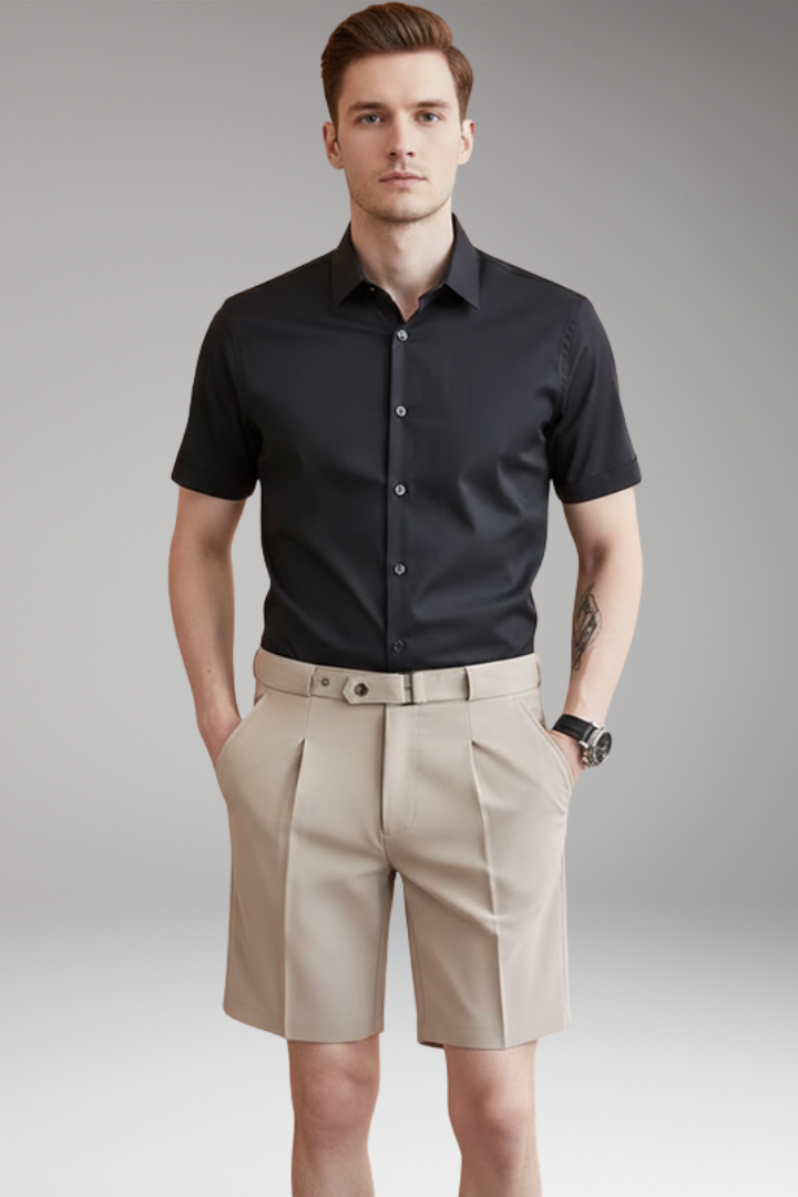 Men's Pleated Shorts with Belt Loops and Button Fastening