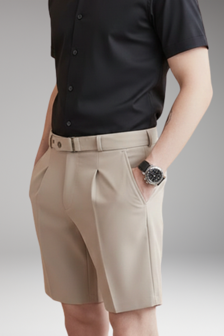 Men's Pleated Shorts with Belt Loops and Button Fastening