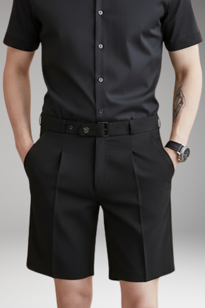Men's Pleated Shorts with Belt Loops and Button Fastening