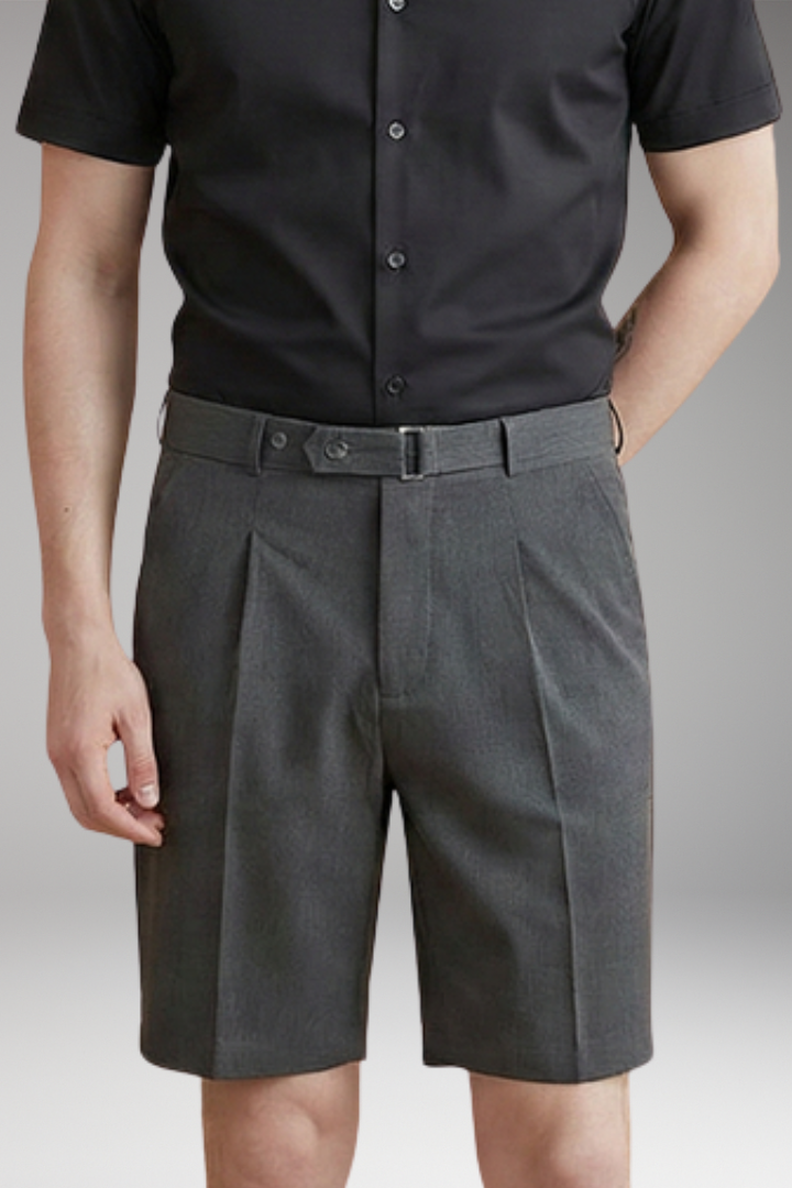 Men's Pleated Shorts with Belt Loops and Button Fastening