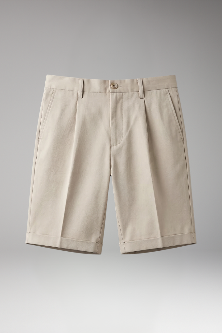 Men's Pleated Shorts with Button and Zipper Closure