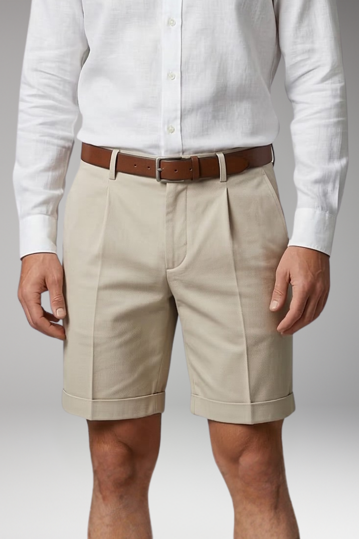 Men's Pleated Shorts with Button and Zipper Closure