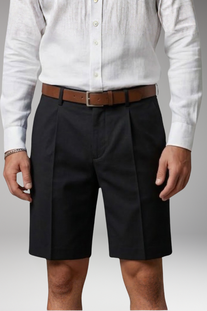 Men's Pleated Shorts with Button and Zipper Closure