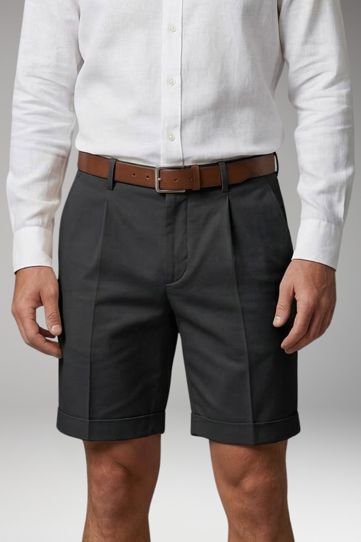 Men's Pleated Shorts with Button and Zipper Closure