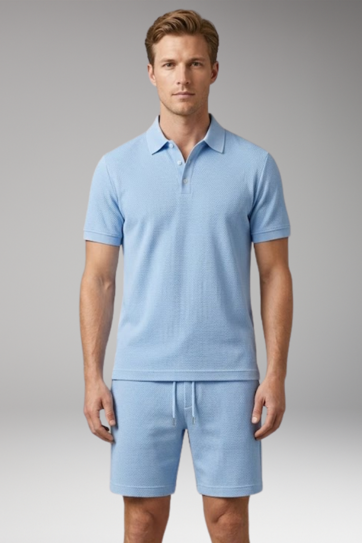 Men's Polo Shirt and Shorts Set with Button-Down Collar