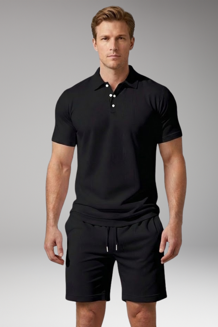 Men's Polo Shirt and Shorts Set with Button-Down Collar
