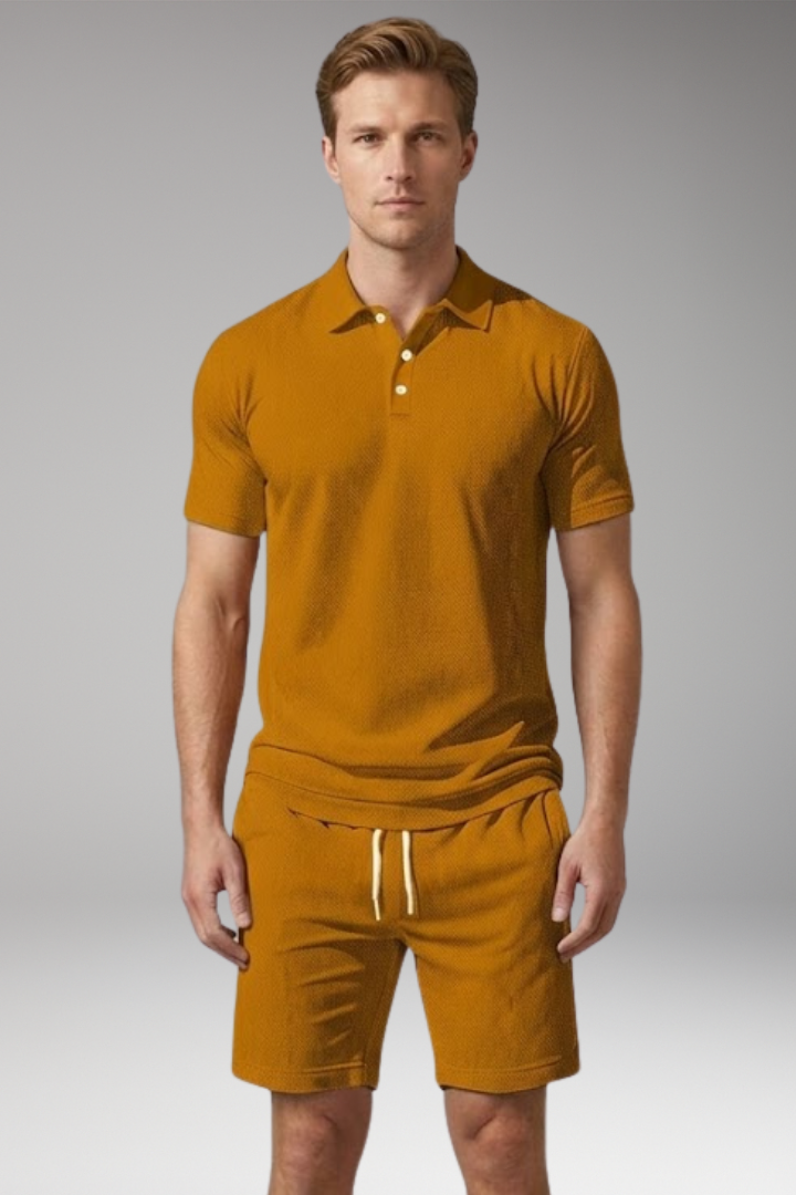 Men's Polo Shirt and Shorts Set with Button-Down Collar