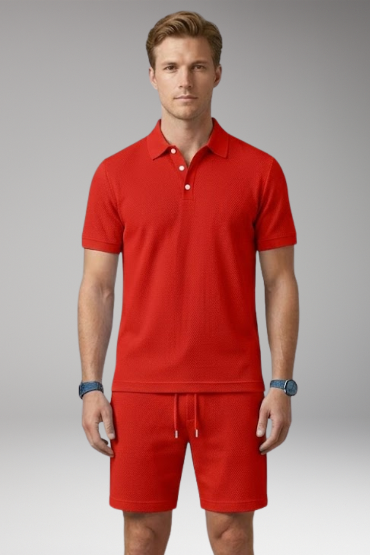 Men's Polo Shirt and Shorts Set with Button-Down Collar