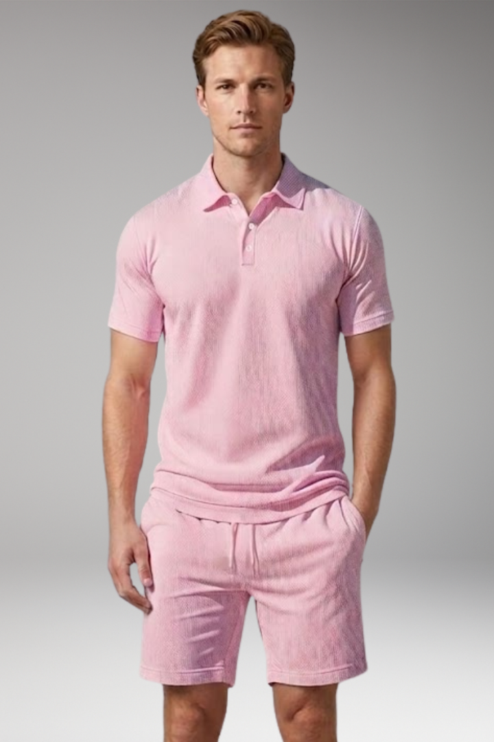 Men's Polo Shirt and Shorts Set with Button-Down Collar