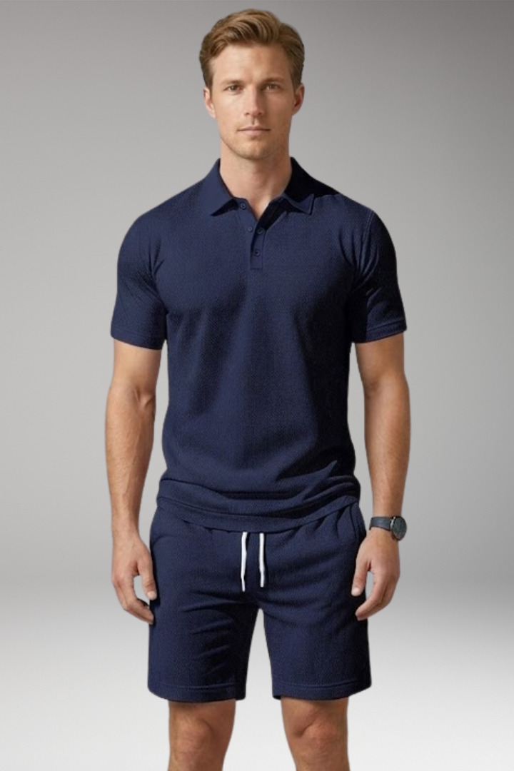 Men's Polo Shirt and Shorts Set with Button-Down Collar