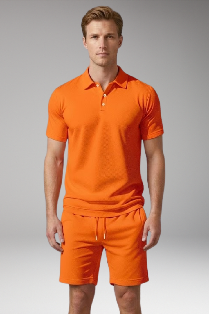 Men's Polo Shirt and Shorts Set with Button-Down Collar