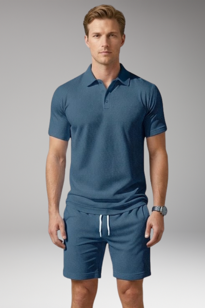 Men's Polo Shirt and Shorts Set with Button-Down Collar