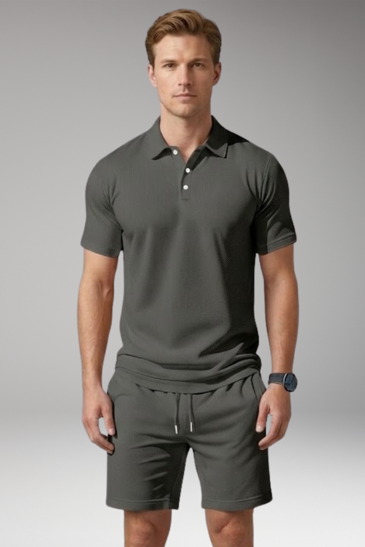 Men's Polo Shirt and Shorts Set with Button-Down Collar