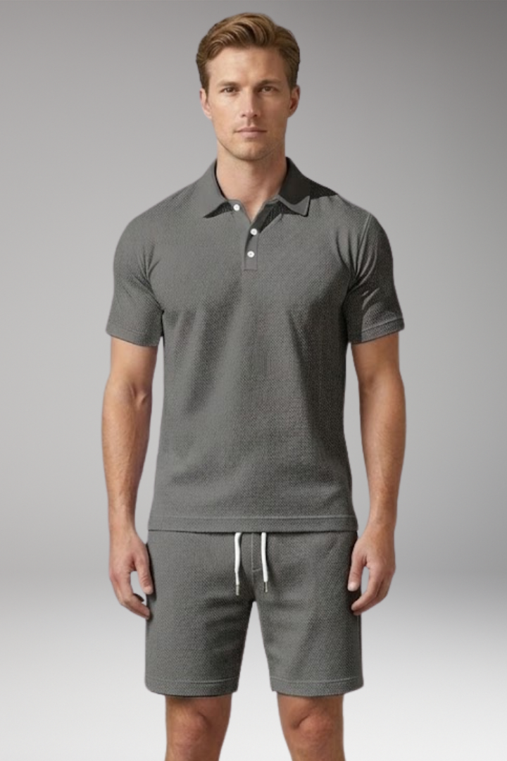 Men's Polo Shirt and Shorts Set with Button-Down Collar