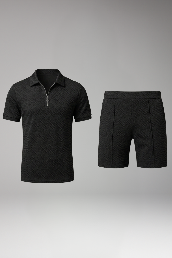 Men's Polo Shirt and Shorts Set with Zipper Placket