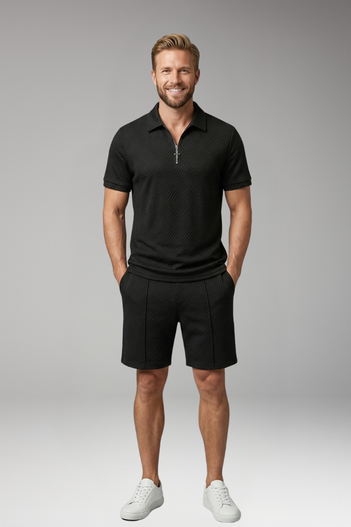 Men's Polo Shirt and Shorts Set with Zipper Placket